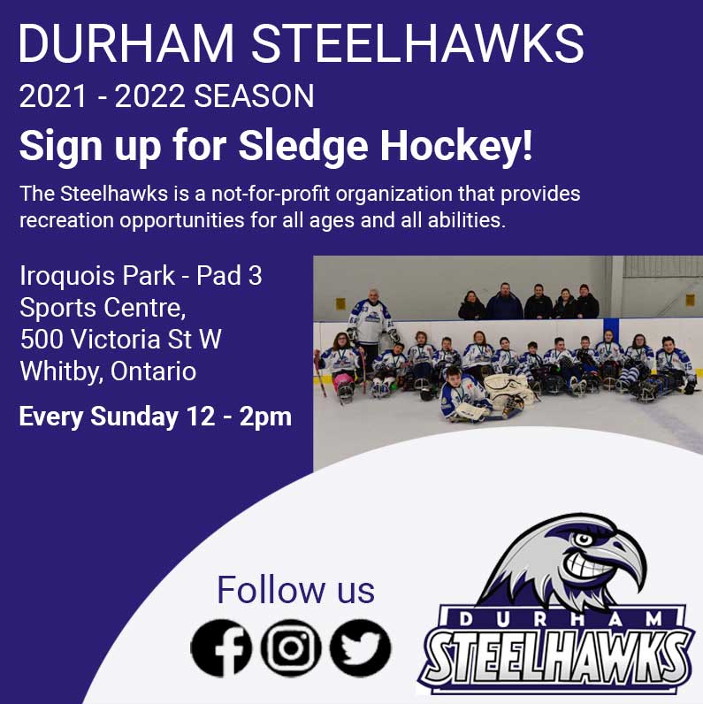After 24 years of play, the Durham Steelhawks are hardly new, but new players are always welcomed. 
Try it once or sign up for the season. Go to Iroquois Park Sport Centre Pad 3 on Sundays from noon to 2pm or for more info, message: jamestitmarsh@gmail.com 
#SledgeHockey #InTheDR