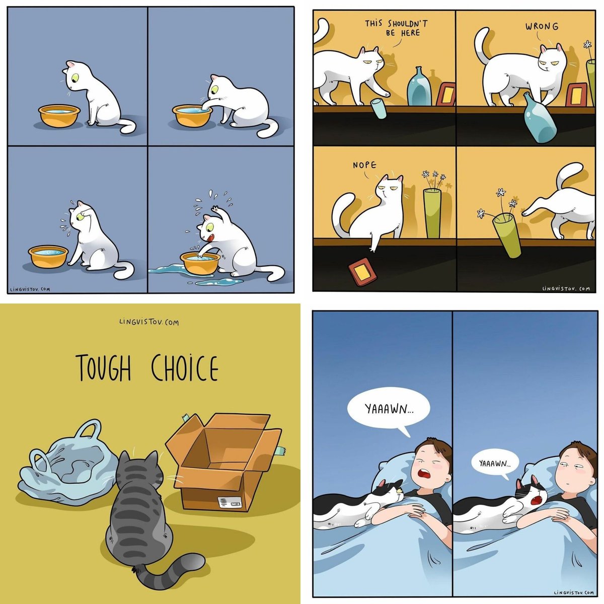FunCats7's tweet photo. A Russian Artist designed these funny illustrations that every cat owner will completely understand. Here is a list of some illustrations of Lingvistov.  🤩👀