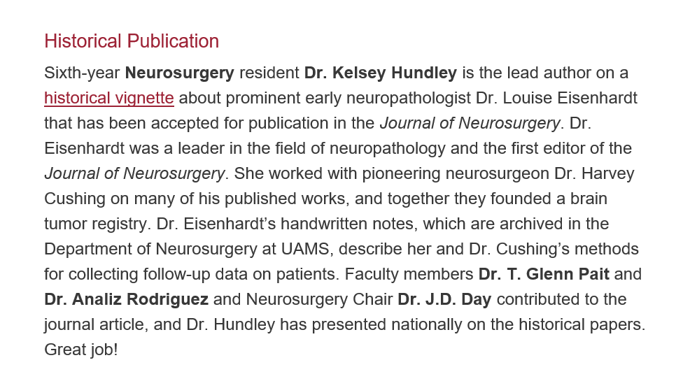 UAMSneurosurg's tweet photo. Congratulations to PGY- 6 Dr. Kelsey Hundley on her article acceptance to the Journal of Neurosurgery. Great job! 
@uamshealth #neurosurgery #neurosurgeryresident #uamsneurosurgery #womeninsurgery #neurosurgeon https://t.co/mYt98FWZbi