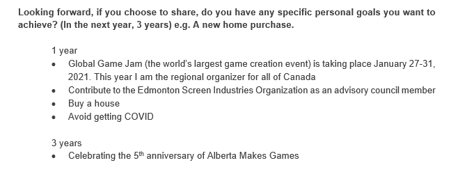 Going through last year's employee career discussion and found this gem.

Funny how much can change in one year.

I've moved twice. Bought a house. Gave <a href="/ABMakesGames/">Alberta Makes Games</a> to <a href="/DigitalAlberta/">Digital Alberta</a>. Developed an obsession for Lego and abandoned it.

Looking forward to 2022.