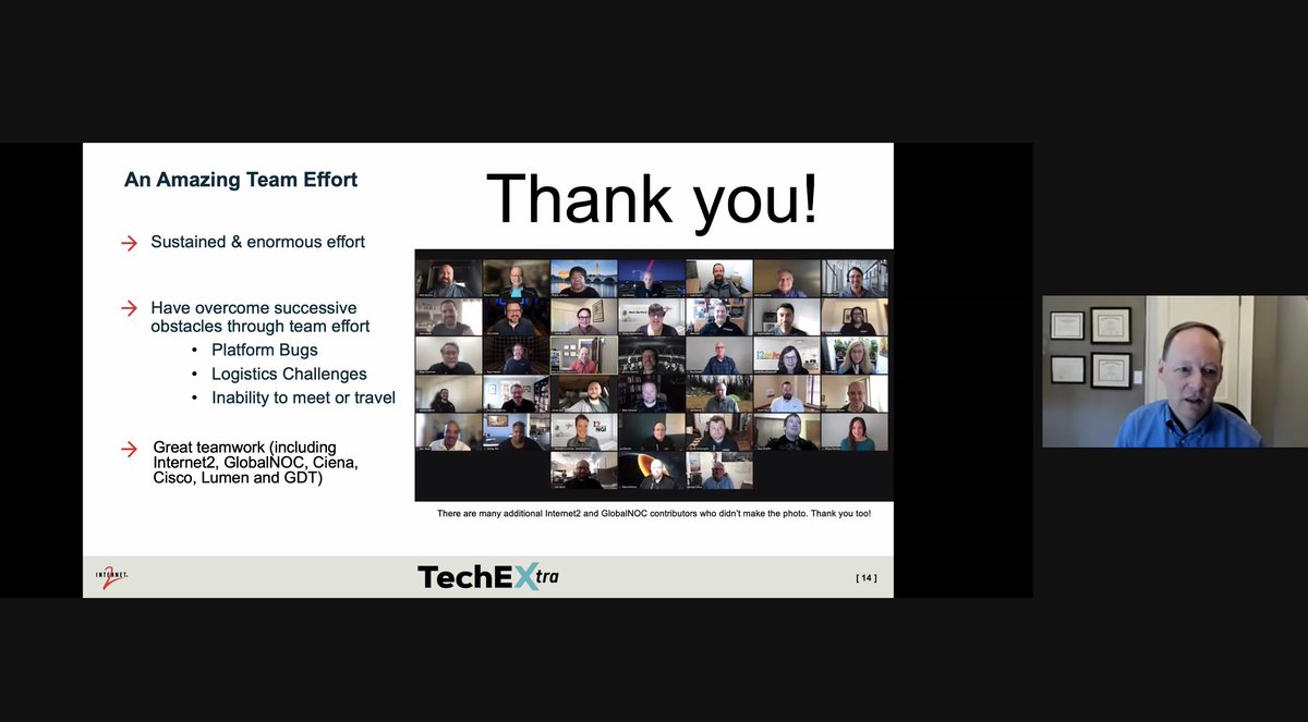 MereLovelace's tweet photo. Watching @rvietzke kick off the @Internet2 #TechEX21 event - 3 days on Canvas/Zoom featuring Infrastructure and Advanced Networking talks and appreciate his shout-out to the entire #NGI team including @iuglobalnoc @Ciena @Cisco @LumenGov #i2network https://t.co/JQwn2SwUhH