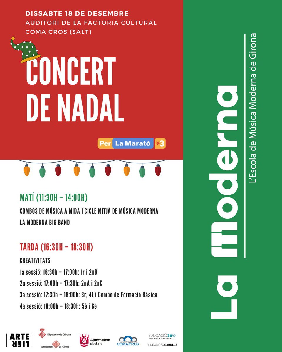 S’acosta el concert de Nadal de #LaModerna ! Celebrarem les festes nadalenques i aprofitarem l’ocasió per col·laborar un any més amb <a href="/la_marato/">La Marató de 3Cat</a> . Podreu fer el vostre donatiu a través d’una taquilla inversa!

🎟 Entrada gratuïta amb reserva prèvia de localitats

<a href="/ViladeSalt/">Ajuntament de Salt</a>