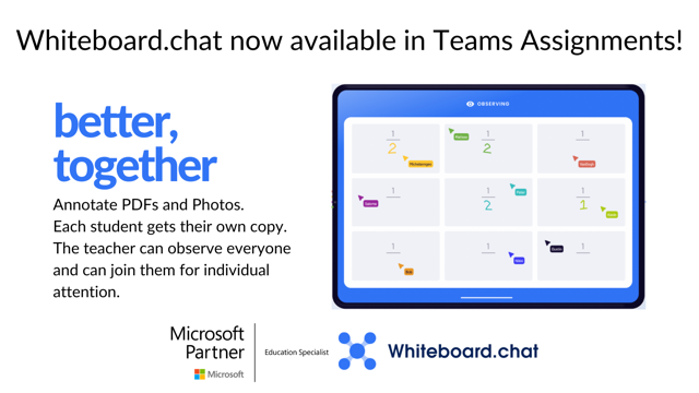 You can now include WBC directly into any @MicrosoftTeams Assignments. Upload PDFs, photos that students can annotate and they cannot see other students’ work. Teachers get a real time view of students’ progress and can give feedback 1:1. We love working with @MicrosoftEDU
