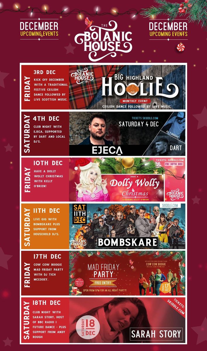 botanic_house's tweet photo. 🥳🎄 HELLO DECEMBER 🎄 🥳
Grab your #Christmas crackers, sequin tops & cheesy jumpers - the #festive season is here! Get ready to #party at #botanichouse this #December! Here's our full line up for next few weeks! 🎊🎸🥂
Advance tickets at https://t.co/S4DgsLU93Z or at the door! https://t.co/fqqScBoNLL