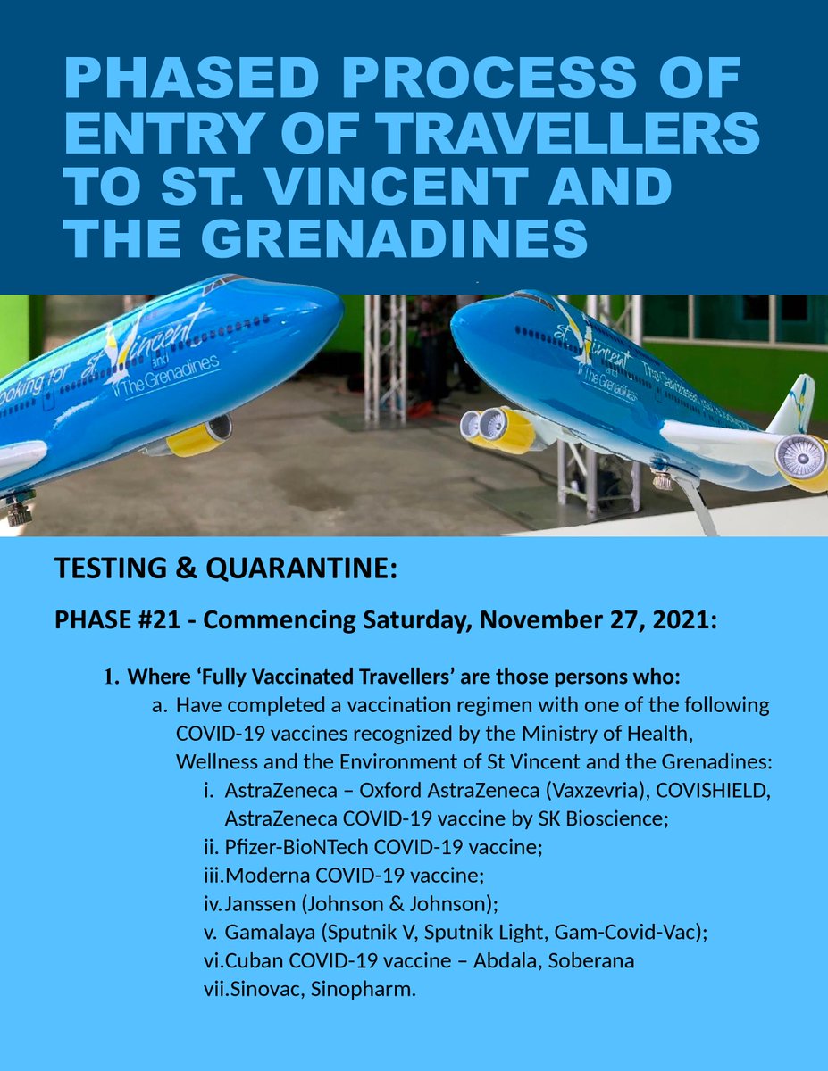 Invest_SVG's tweet photo. If you are a fully vaccinated traveller visiting or returning to St. Vincent and the Grenadines, please take careful note of our updated COVID-19 travel protocols (phase #21, commenced November 27, 2021). 
#visitSVG #InvestInSVG #covid19 #covid19SVG [1/2] https://t.co/tQ6kaZCvlR