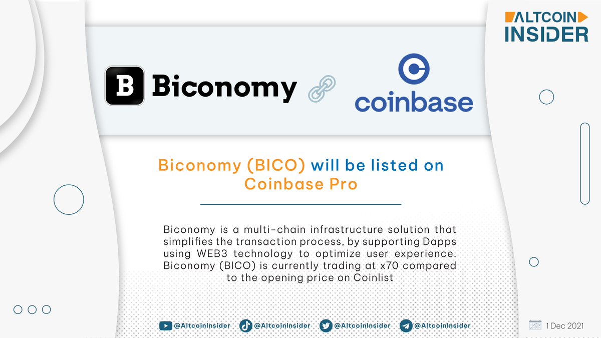 AltcoinInsider_'s tweet photo. [News]

Biconomy (BICO) will be listed on Coinbase Pro today, on December 1st

@biconomy @coinbase #listing 

See more: https://t.co/TxzAvTjDdn https://t.co/SY5M96iz75