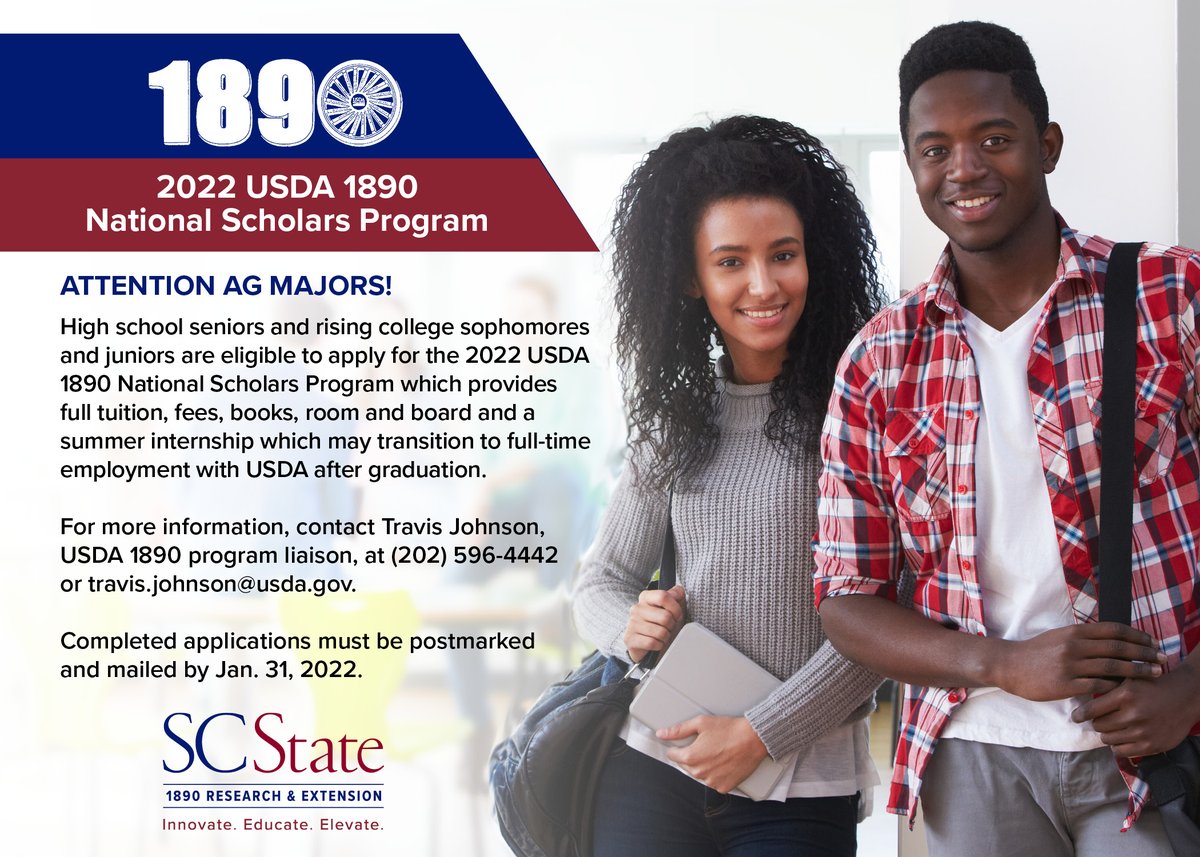 SCState1890's tweet image. Are you looking for ways to pay for college in 2022? 🎓💰
The @USDA is now accepting applications for the 2022 1890 National Scholars Program!

✏️High school seniors apply here: 1890.info/3roEr0j
✏️Rising college sophomores/juniors apply here:
