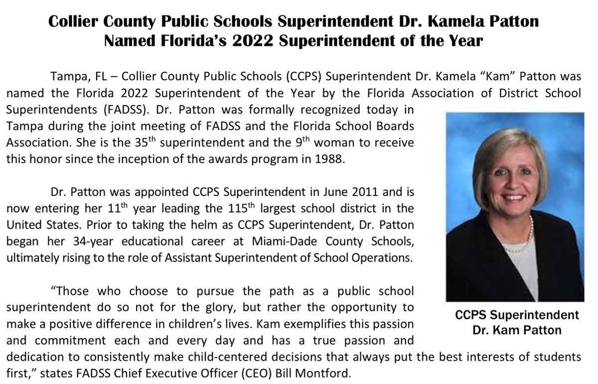 Congrats to <a href="/collierschools/">Collier County Public Schools</a> Supt <a href="/KamelaPatton/">Kamela Patton</a>, named the 2022 Florida Superintendent of the Year during the <a href="/FLSchoolBoards/">FLSchoolBoardsAssoc</a> @publicschoolsup Joint Conference
 
Dr. Patton is the 35th supt. and 9th women to receive this award!

Read the full release here:
fadss.box.com/s/d367boz5fncv…