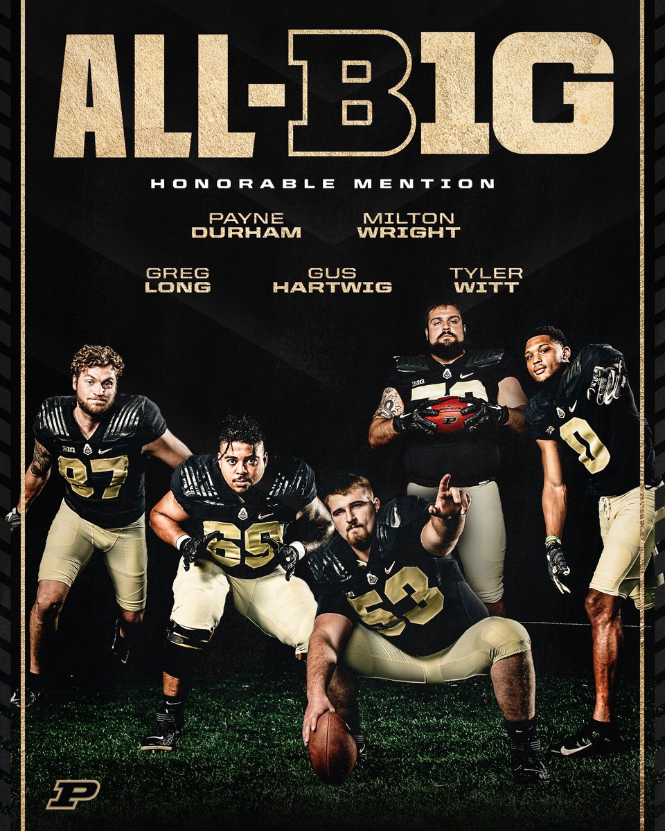 BoilerFootball's tweet photo. 5️⃣All-B1G Honorable Mention Boilermakers on offense.

@pdurham22 
@gushartwig53 
@Greglong75 
@Ty_Witt2096 
@MW_Agent0 https://t.co/9DErpS8dz5