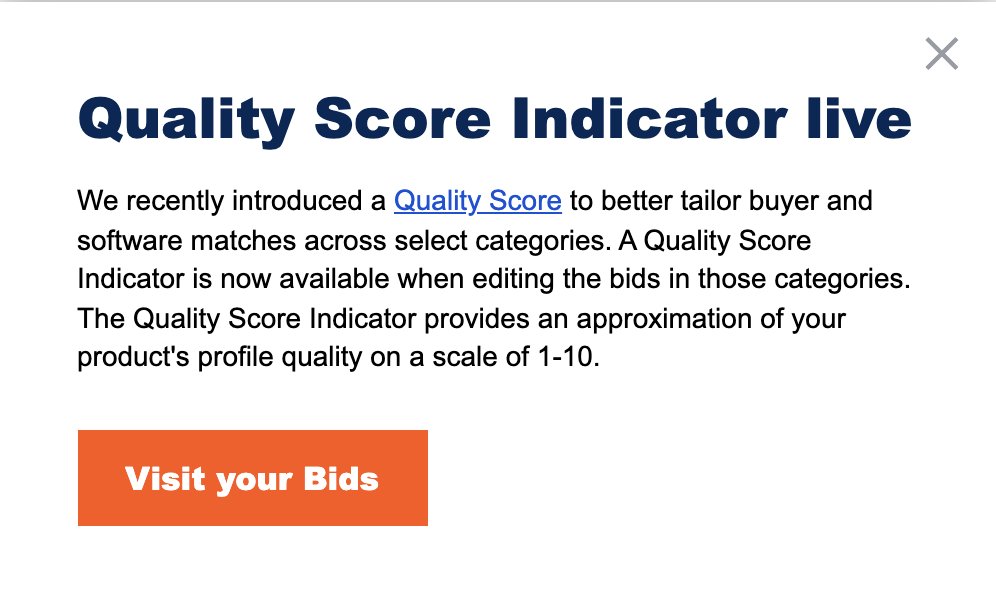 .<a href="/Capterra/">Capterra</a> introduced a Quality Score metric, but it looks like more of a helpful tool for vendors rather than a signal that will impact rankings.

Sadly my morning self exited the pop up before clicking the link and I can't find the documentation.

#ppcchat #capterra #b2b