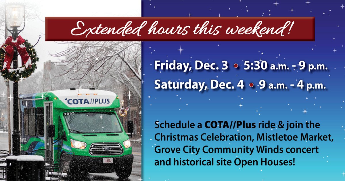 GroveCityOhio's tweet photo. Don't worry about parking - enjoy a ride to all the Christmas events &amp; activities or holiday shopping in #GroveCityOhio!
@COTABus has extended hours this weekend! Download the #cotaplus app at https://t.co/c8SuNvOYzO or call 614-308-4400 to request a ride.
#GroveCityChristmas https://t.co/lQ6IdbmDhc