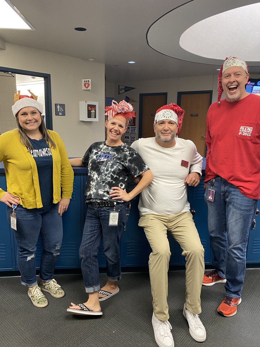 Holiday hats (&amp; headband) spread a little joy around <a href="/CmsColts/">Colleyville Middle School</a>.  <a href="/CoachKRobinson1/">Kevan Robinson</a> <a href="/CMS_Electives/">Jeanie Pavliska</a> <a href="/MrsD_Literacy/">Tessa De La Rosa</a>