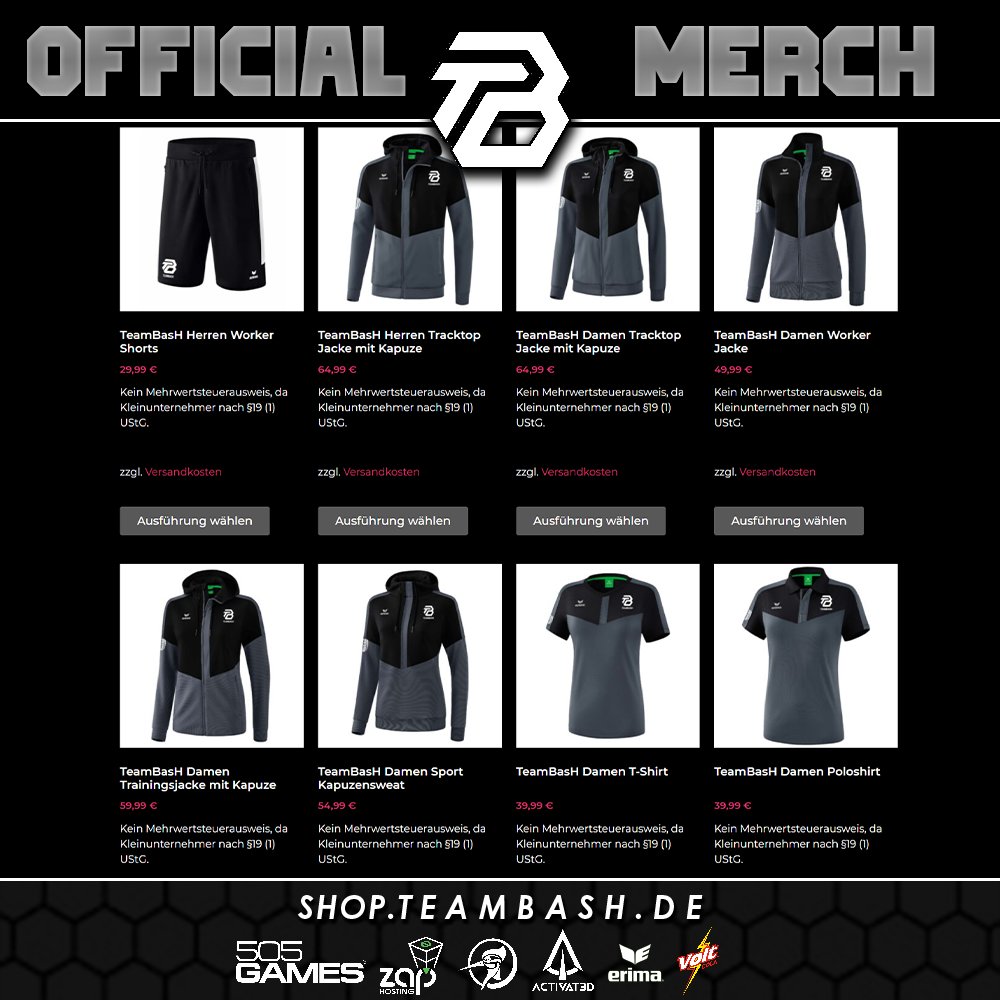 TeamBashDE's tweet photo. Es ist soweit! Das Warten hat ein Ende!
Wir freuen uns euch mitteilen zu können, dass TeamBasH nun endlich Merch anbietet.
Unter https://t.co/g891m1KOP9 könnt ihr euch umschauen und zuschlagen.
Klamotten in bester Qualität dank unserem neuen Sponsor @ERIMA1900.
#goBasH #Esports https://t.co/7rq9l8uoXS