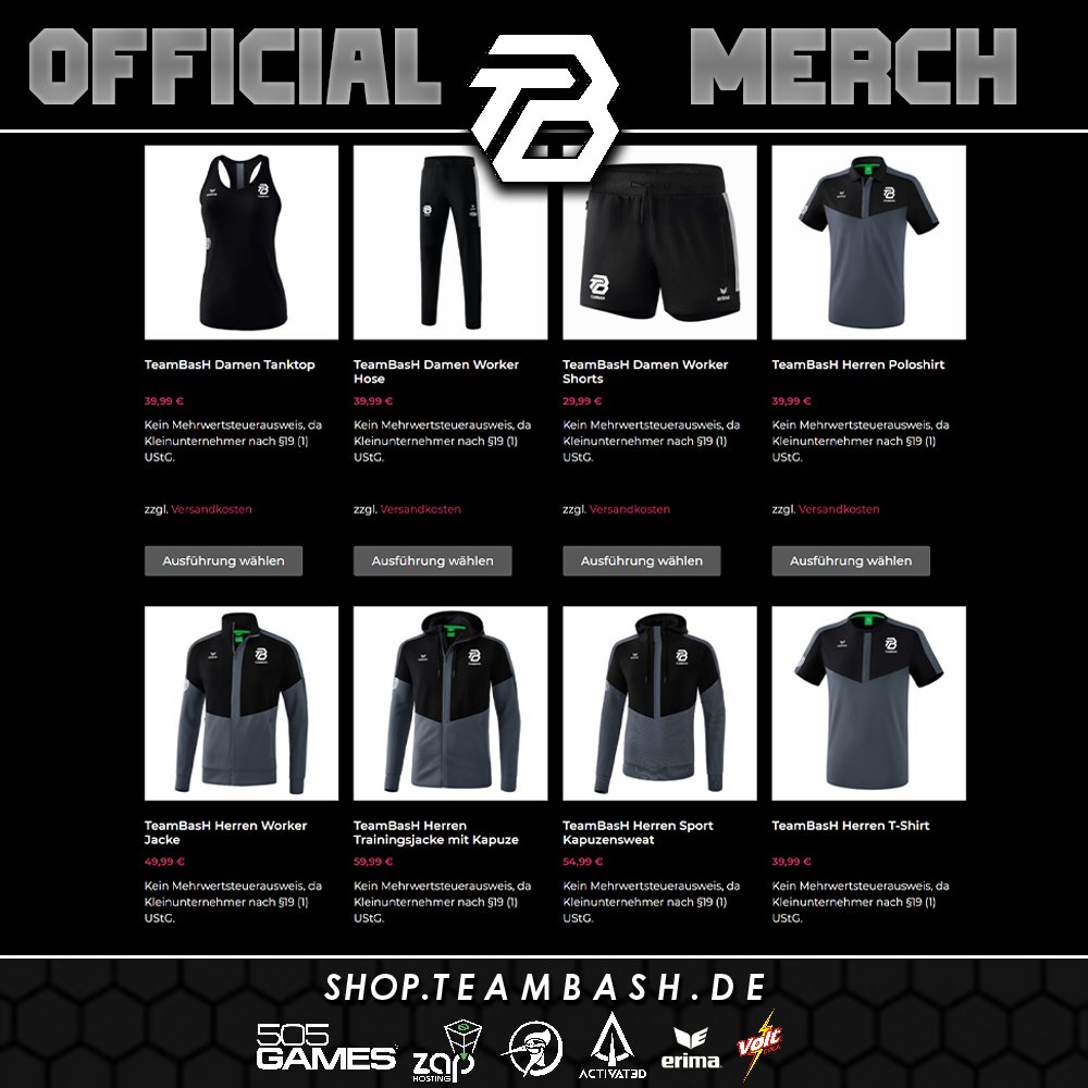 Es ist soweit! Das Warten hat ein Ende!
Wir freuen uns euch mitteilen zu können, dass TeamBasH nun endlich Merch anbietet.
Unter shop.TeamBasH.de könnt ihr euch umschauen und zuschlagen.
Klamotten in bester Qualität dank unserem neuen Sponsor <a href="/ERIMA1900/">ERIMA</a>.
#goBasH #Esports