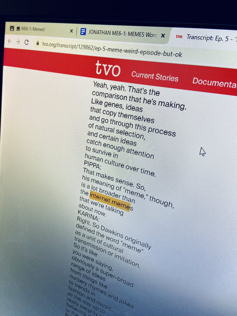 GlenBarbeau's tweet photo. Starting to explore Media, with @tvo #WordBomb episode on #Memes! Great start, and the transcript was a great resource too! @tdsb https://t.co/msjb5CIJHN