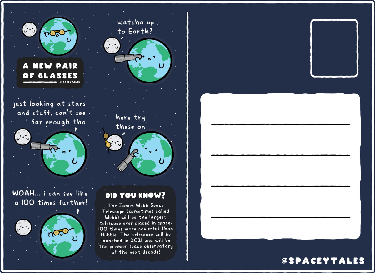 Back of a blank James Webb Space Telescope-themed postcard, courtesy of comics artist SpaceyTales. A comic is featured on the left and shows an anthromorphic Earth receiving a "new pair of glasses" from the Moon in the form of what's meant to represent the James Webb Space Telescope (golden hexagonal glasses that resemble Webb's hexagonal mirror segments).