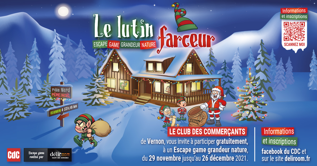 🎄⭐ 🎅  HO HO HO...
Le Club des Commerçants de Vernon, vous invite à participer gratuitement, à un ESCAPE GAME GRANDEUR NATURE (géant) sur le thème de Noël, du 29 novembre à 10h00 jusqu’au 26 décembre 2021 à 18h00.
<a href="/DeliroomXP/">Deliroom</a> <a href="/vernoncommerces/">LeClubdesCommerçants</a> <a href="/VilledeVernon/">Ville de Vernon</a> <a href="/EureenNormandie/">Département de l’Eure</a>