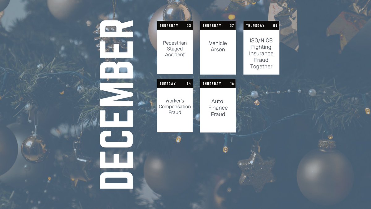 insurancecrime's tweet image. From #VehicleArson to #WorkersCompFraud, don't miss December's informative webinars! Register now: ow.ly/RE3C50H1eI2

#ProfessionalDevelopment #InsuranceFraud #AutoCrime