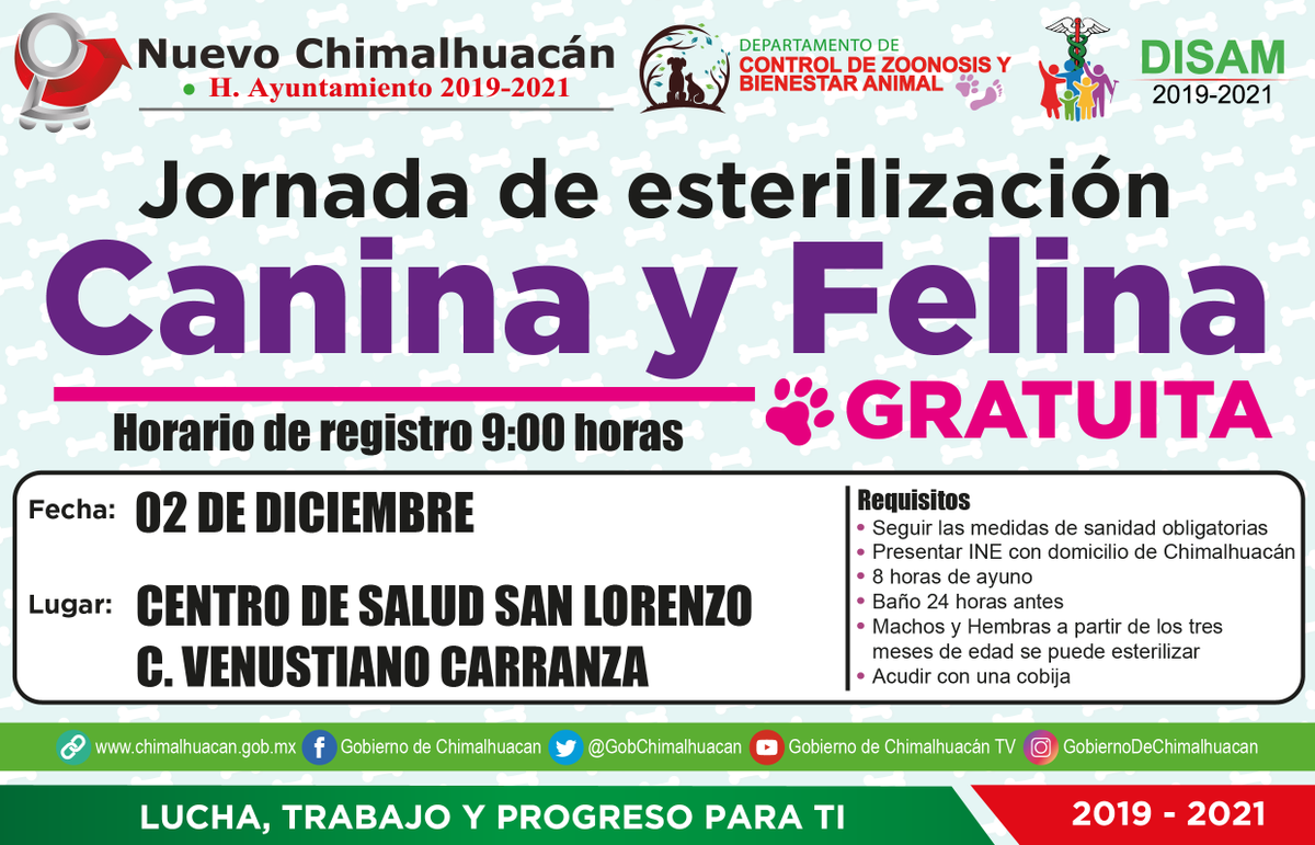 ChimalhuacanSi's tweet photo. Este 02 de diciembre se llevará a cabo la Jornada de esterilización Canina y Felina totalmente gratuita. 

Hora de registro 9:00 horas en el Centro de Salud San Lorenzo. https://t.co/kGNkRSWe2C