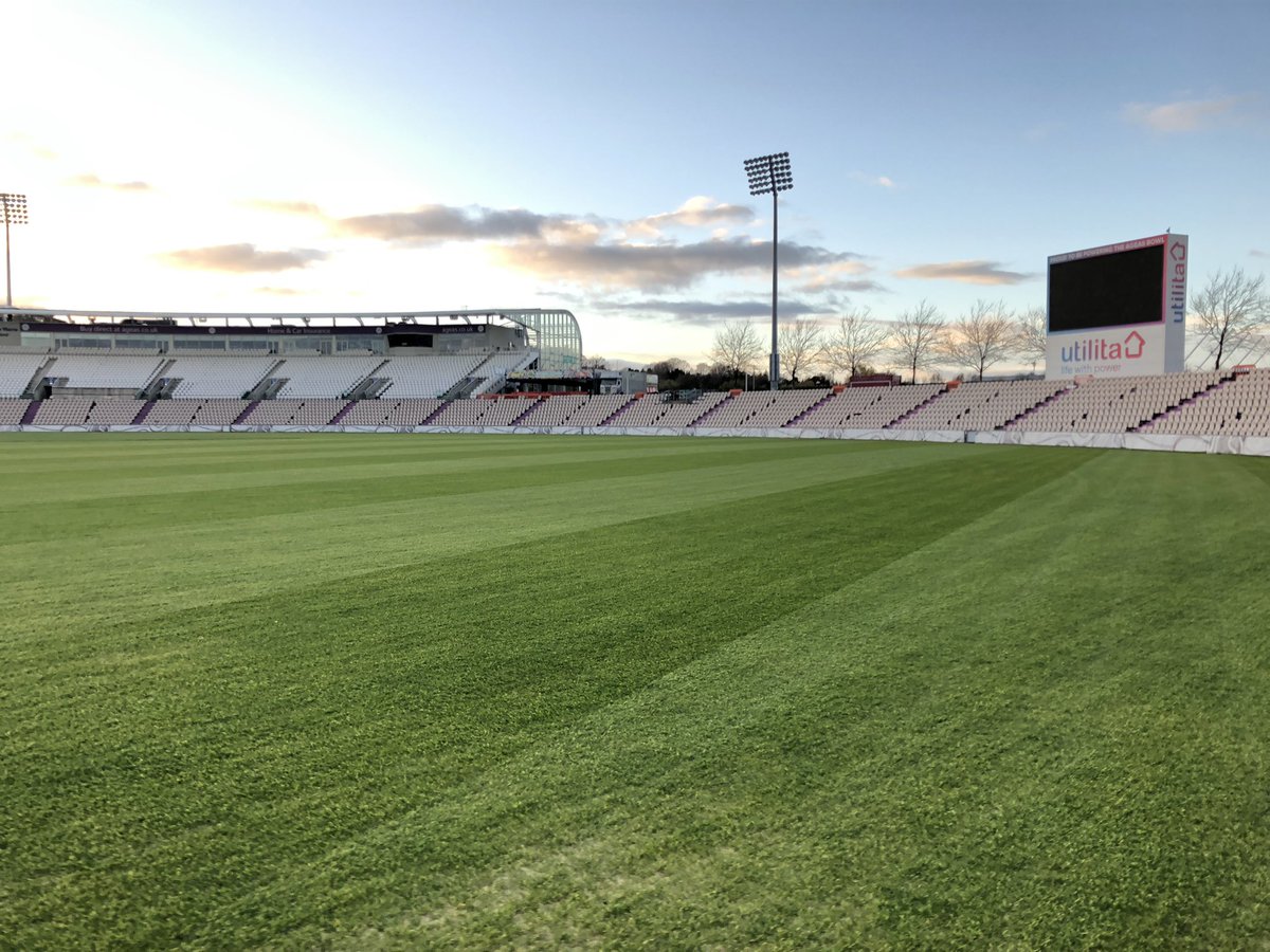tomcowley17's tweet photo. Busy couple of days @TheAgeasBowl thanks to Keith @PitchesUk for deep spiking both squares and net area. Main outfield cut with @DennisMowers rotary height now at 20mm little bit thin in the shaded areas but overall coverage is very good #progressingwell @hantscricket https://t.co/ng6RE7DEz7