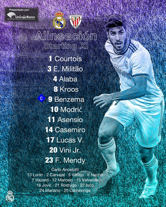 SadjiaritajS's tweet photo. La alineación oficial contra el Bilbao:
Courtois
Mendy - Alaba - Militao - Vazquez
Kroos - Casemiro - Modric
Vinicius - Benzema - Asensio.
#HalaMadr
¡VAMOS REAL! 𝑴 𝒅
❥︎ ✰Hala Madrid y nada más # KB9
@Benzema 🤍👑🔥⚽️💪🖤 #RealMadridAthletic https://t.co/9Ch3cDQoNF