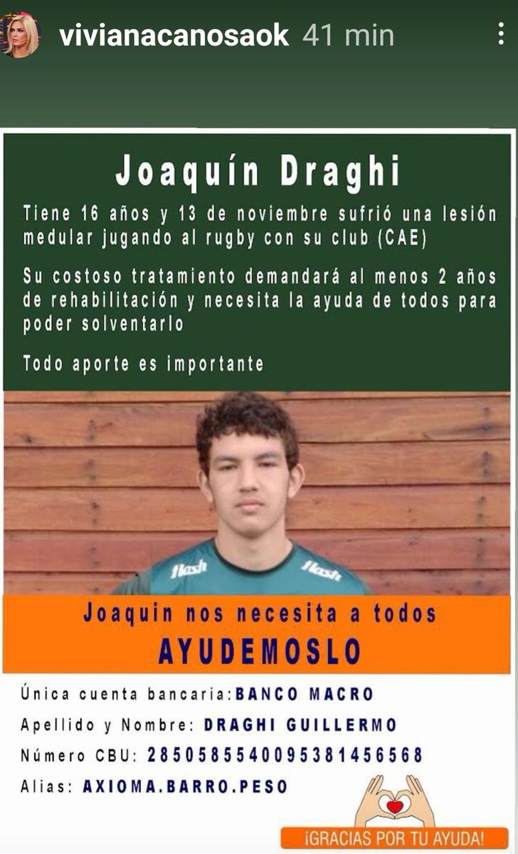 pato_vicun's tweet photo. Amigos Joaquin es un nene de 16 años de Olavarria, jugando al rugby sufrió un lesión médular,necesita con urgencia q lo ayudemos, su tratamiento le va a llevar 2 años es muy costoso (50 millones de pesos) x favor colaboren y RT
Podría ser el hijo de cualquiera de nosotros🙏🙏👇🏼👇🏼 https://t.co/hKtGMgEEd9