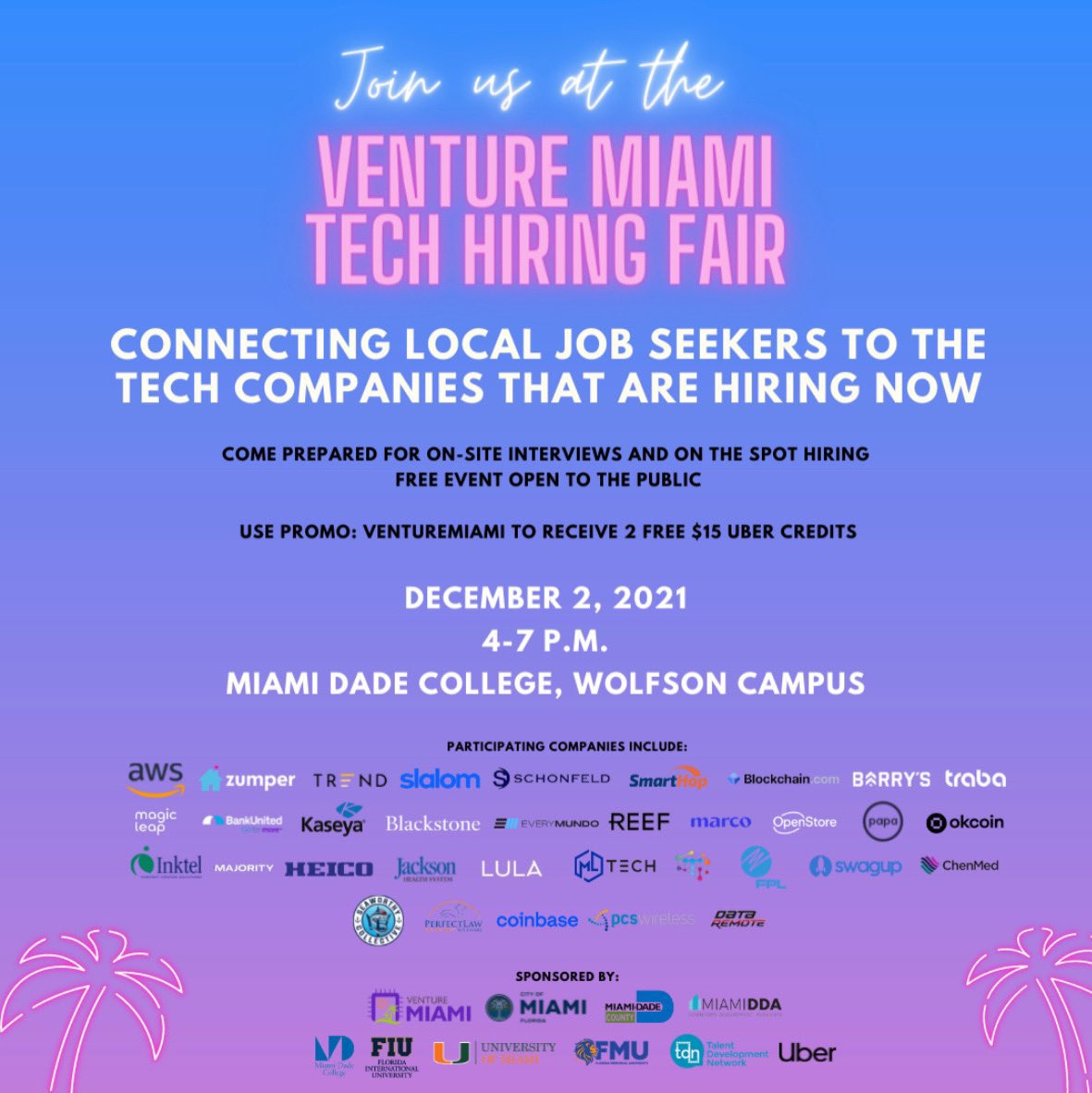 Looking for a tech job in Miami-Dade?

We're proudly partnering on the Venture Miami Tech Hiring Fair at <a href="/MDCollege/">Miami Dade College</a>, Thursday from 4 - 7 pm — with 2,700+ jobs up for grabs!

If you need a ride, Uber has your back. Use promo code VENTUREMIAMI.

Learn more: miamidade.gov/releases/2021-…