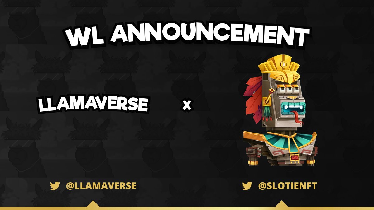 Llamaverse_'s tweet photo. We are giving away 5 WL spots on Twitter + 120 in our Discord

To enter: 
➡️Like, Retweet, and Tag 2 friends
➡️Follow @Llamaverse_  &amp; @SlotieNft 
➡️Join Our Discord: https://t.co/l01k2lctfF
➡️Join Their Discord: https://t.co/TiY8jxQy2e

Good luck , May the odds be in your favor! https://t.co/f8S5O36mz0
