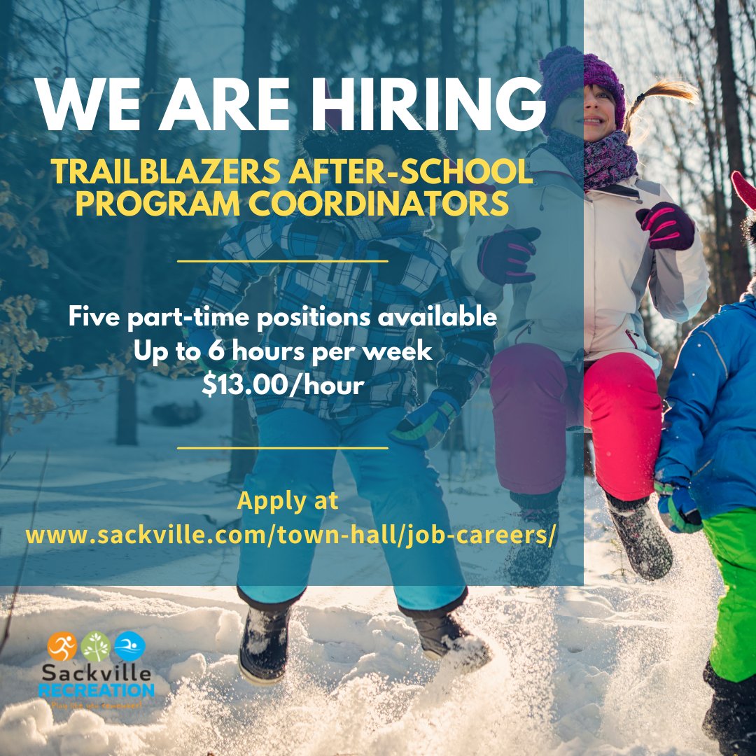 SackvilleTownNB's tweet photo. We have five part-time programming positions available for early in the new year.  Full job description and application instructions are available at https://t.co/wl7rIdAY7f.

@mtacareer @MountAllison @MASUOfficial https://t.co/IS5WC348KM