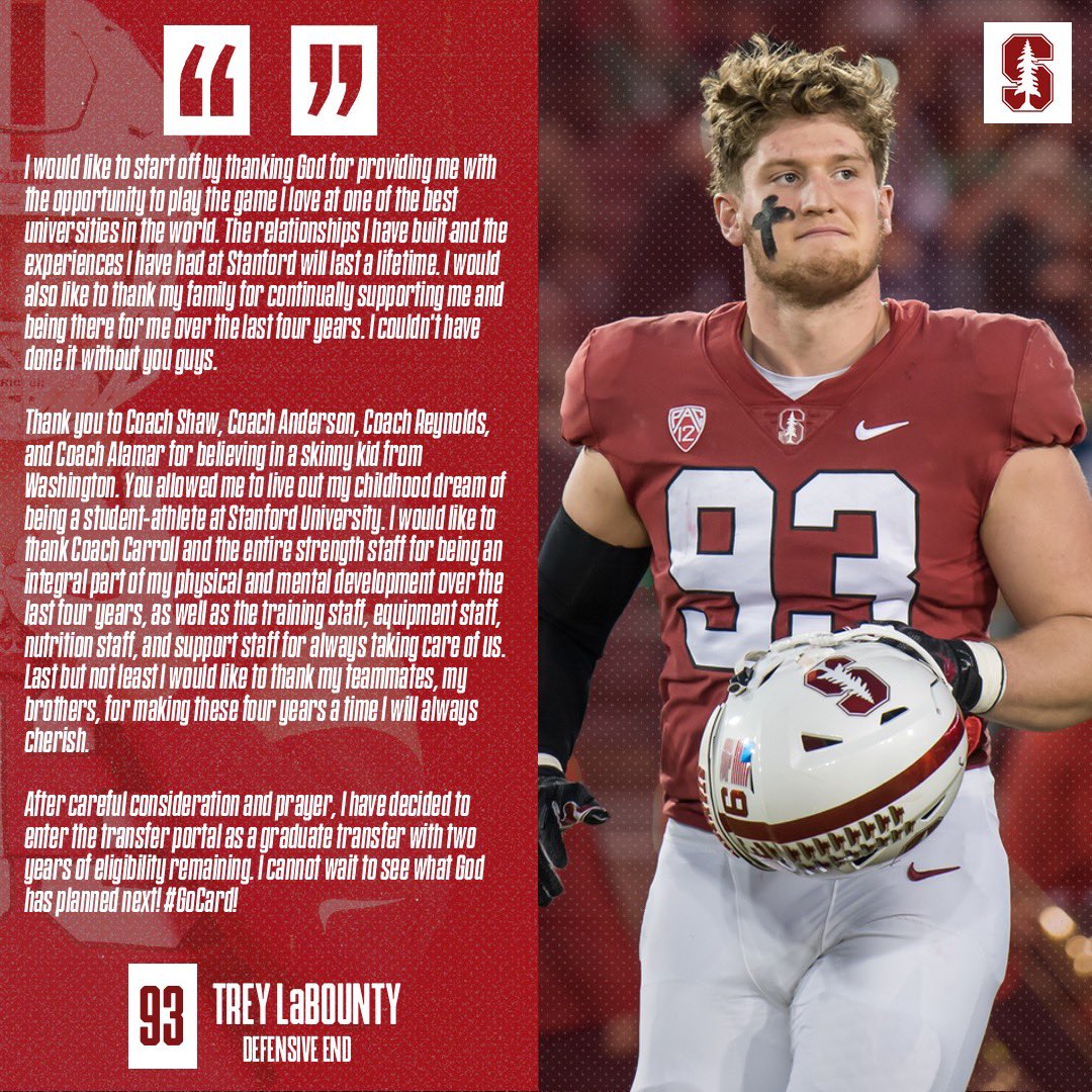 Extremely excited to see what God has in store next.

I am excited to announce I am entering the transfer portal with two years of eligibility remaining. Cannot wait to get to my next stop!