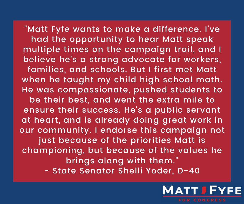 Matt Fyfe (@hoosiers4fyfe) on Twitter photo 📢ICYMI: State Senator <a href="/shelliyoder/">Shelli Yoder</a> has officially endorsed our campaign for Indiana's Ninth Congressional District. Sen. Yoder is a true leader in Southern Indiana and we are excited to have her support. Read below to hear from her directly⬇️ 📢ICYMI: State Senator <a href="/shelliyoder/">Shelli Yoder</a> has officially endorsed our campaign for Indiana's Ninth Congressional District. Sen. Yoder is a true leader in Southern Indiana and we are excited to have her support. Read below to hear from her directly⬇️