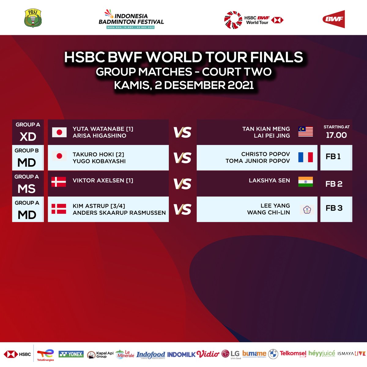 Hari kedua BWF World Tour Finals 2021 digelar mulai pukul 10.00 WITA di sesi pertama lalu berlanjut di sesi kedua mulai pukul 17.00 WITA.

Berikut order of playnya. Live di TVRI dan Vidio.

#indonesiabadmintonfestival #bwfworldtourfinals #bwfworldtour