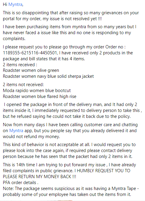 naincygupta9's tweet photo. Hi @myntra @MyntraSupport ,
This is so disappointing that after raising so many grievances on your portal for my order, my issue is not resolved yet !!! Order no : 1189355-6215116-4450501
#myntra #myntrasupport https://t.co/g1XMpg4Yxw