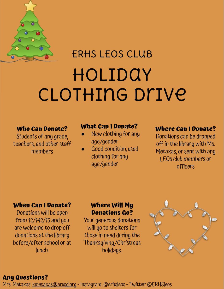 Hey everyone, Leos Club is hosting a clothing drive during the next couple of weeks!! Donations are open now through Dec. 15. If you have any questions feel free to ask 🧡