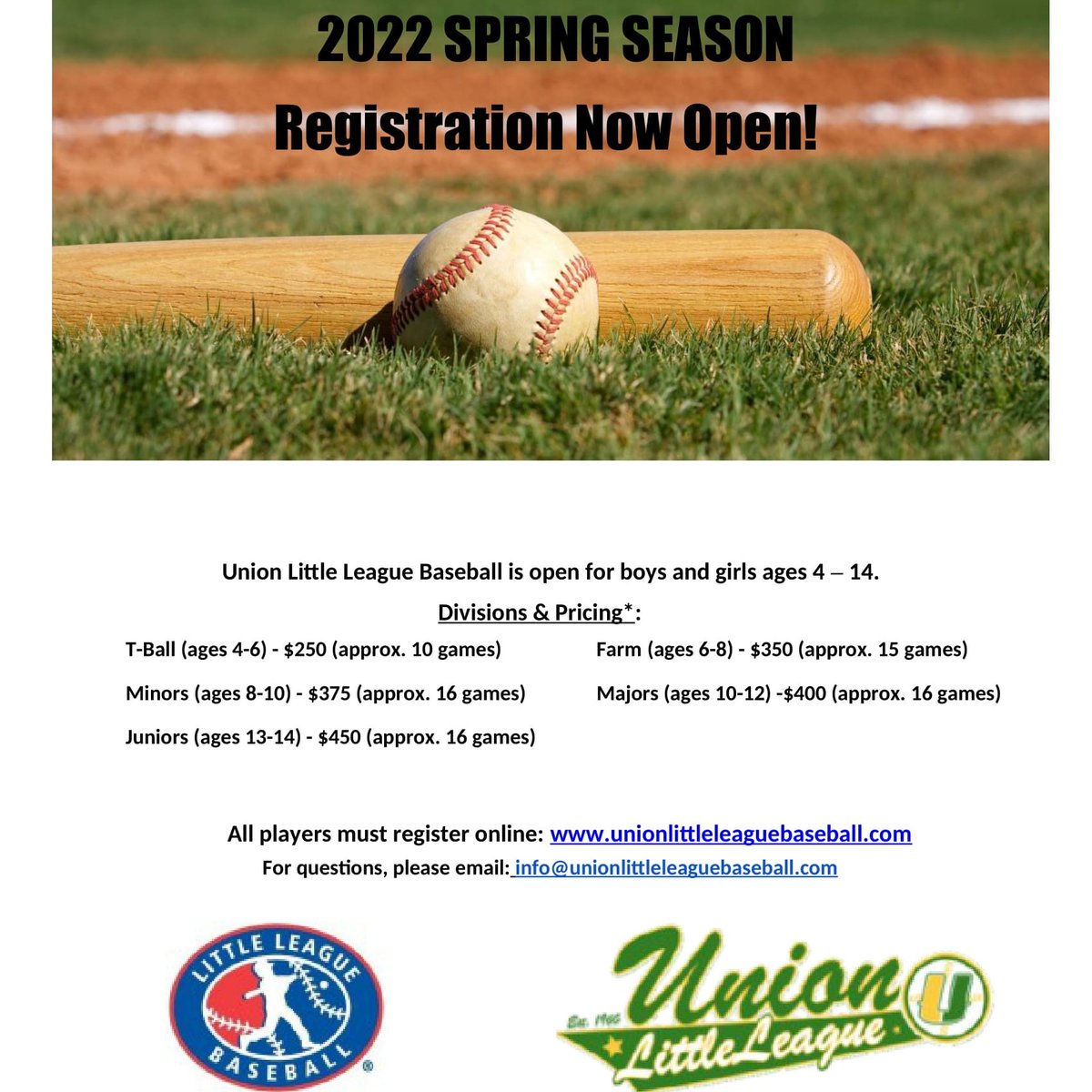 ULLBaseball's tweet photo. Union Little League baseball registration for Spring 2022 season for all genders, ages 4-14 is currently open.

https://t.co/JbQqWAHS2B

We're thrilled to once again be able to offer a great baseball experience to our community this spring.  Registration closes December 31, 2021. https://t.co/JE9rKMrWpU