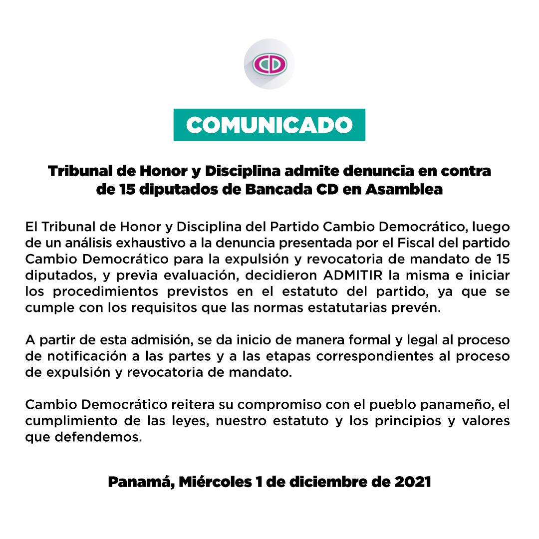 Tribunal de Honor y Disciplina admite denuncia de expulsión y revocatoria de mandato de 15 diputados de la bancada del Cambio Democrático en la Asamblea Nacional.