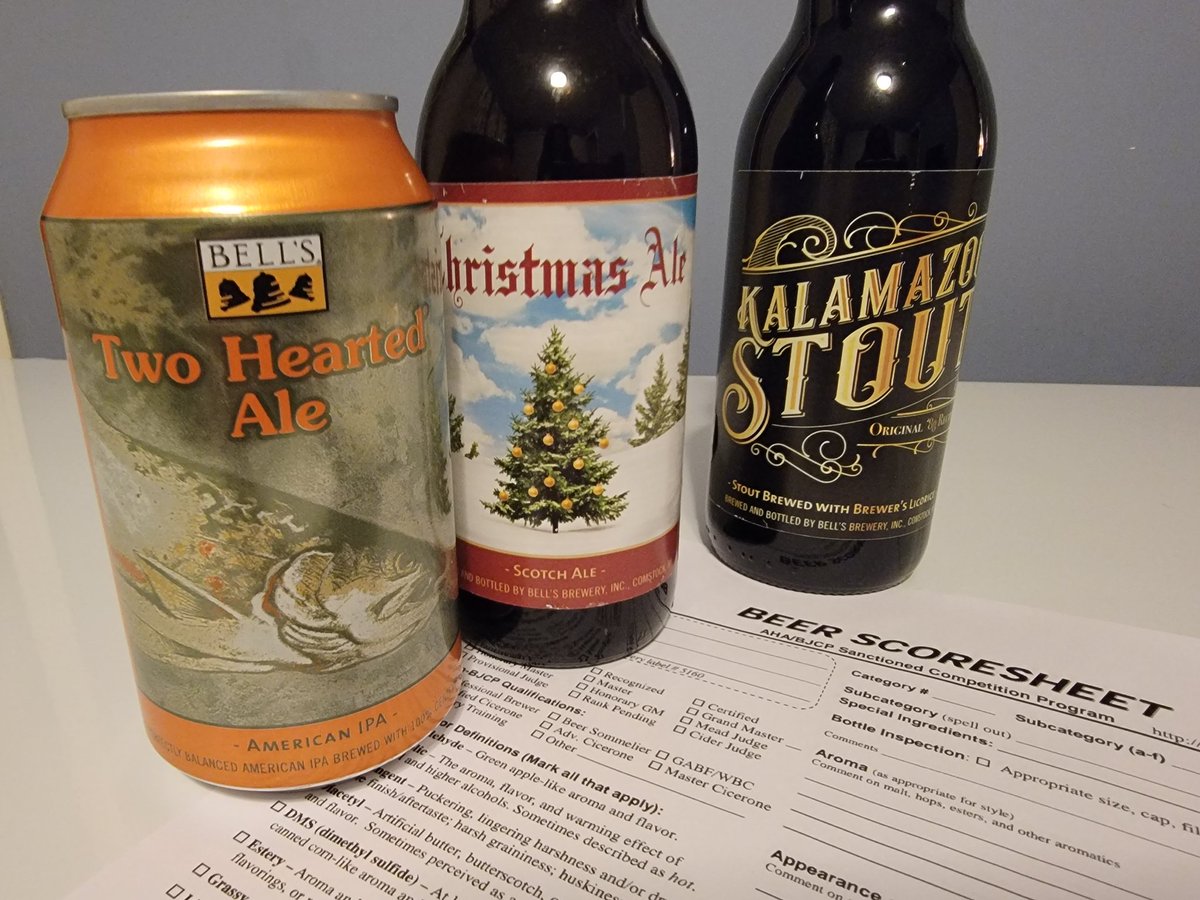 JNeiding's tweet photo. It's a night of @BellsBrewery to practice for a #bcjp tasting exam retake and video call with another candidate. https://t.co/uFDBxvZykv