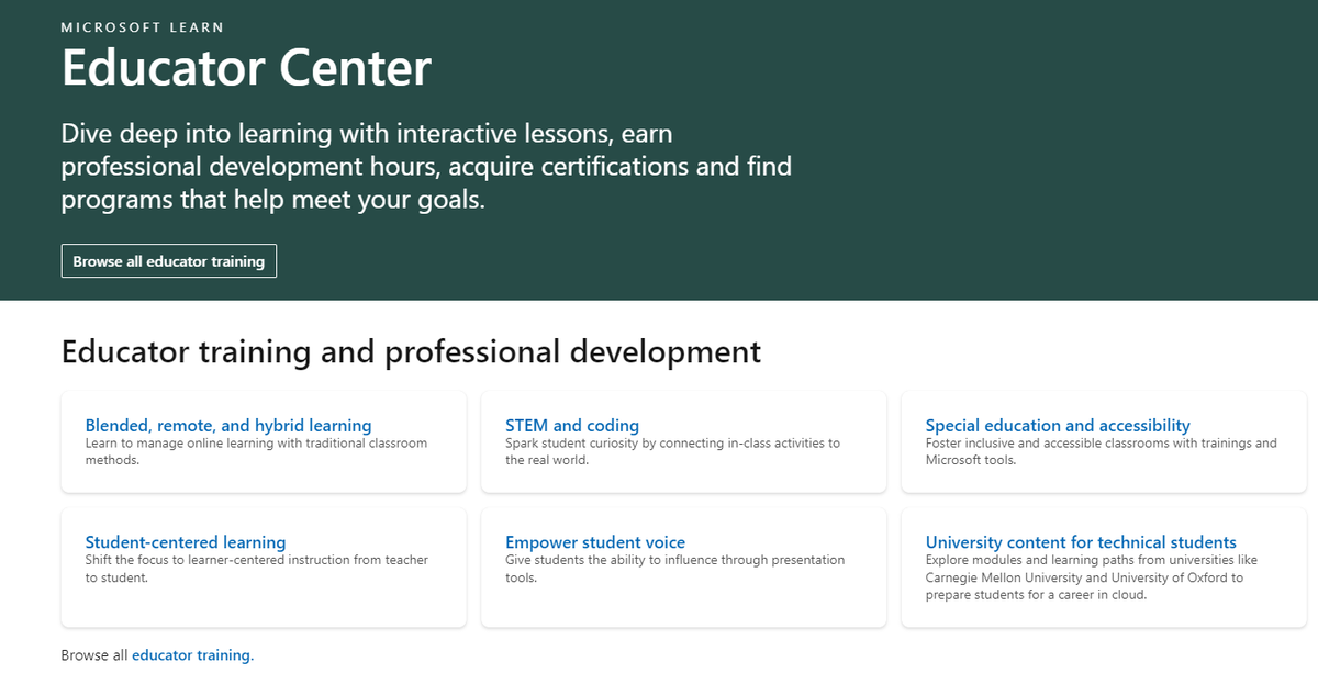 The #MicrosoftEDU Educator Center is moving into Microsoft Learn! Public Preview is now live, follow these steps:

🔌 Connect your MEC account to Learn aka.ms/tryLearnEducat…

🧭 Navigate MS Learn: docs.microsoft.com/en-us/learn/mo…

📢 Give feedback: forms.office.com/Pages/Response…

#MIEExpert