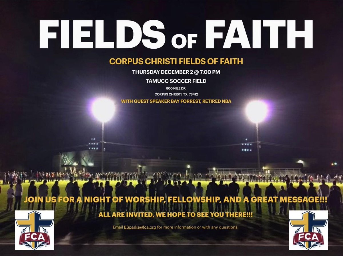 One more day until Fields of Faith

Would love to see great representation from ⁦<a href="/VMAthletics/">Veterans Memorial Eagle Athletics</a>⁩ ⁦<a href="/bluff_sports/">Flour Bluff Athletics</a>⁩ ⁦<a href="/raytexanbsbl/">Texan Baseball</a>⁩ ⁦<a href="/GPWildcatBsbl/">Gregory-Portland Baseball</a>⁩ ⁦<a href="/CCKing_Baseball/">CC King Mustang Baseball Alumni/Fans 🐎⚾💚🐎</a>⁩ 
⁦<a href="/TMMS_Athletics/">Tuloso Midway MS Athletics</a>⁩ ⁦<a href="/CarrollTigrBSBL/">THE Carroll Tigers Baseball Program</a>⁩ ⁦<a href="/moodybaseball/">Moody Baseball</a>⁩