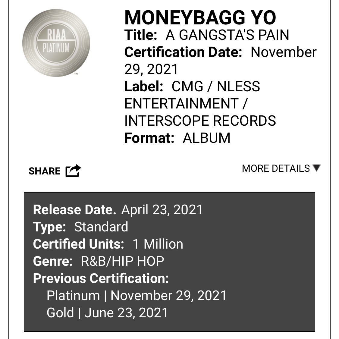 NUZZOWORLD's tweet photo. 1st in the books 💿 Big platinum 🙏🏾 @MoneyBaggYo blessed to be apart of this. https://t.co/SGbo5WumZz