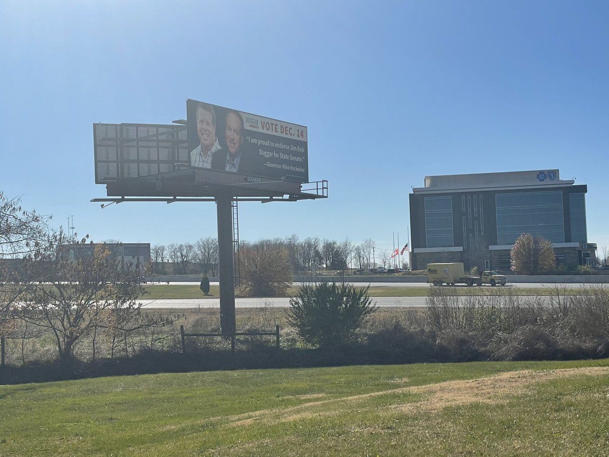 AnnaDarlingTV's tweet image. Also relevant during #JoshDuggar’s trial…I saw multiple billboards for Jim Bob #Duggar’s state senate campaign while driving down I-49. 

One has former governor Mike Huckabee (@SarahHuckabee’s dad) endorsing Jim Bob.

The special primary is on December 14th. #NWANews