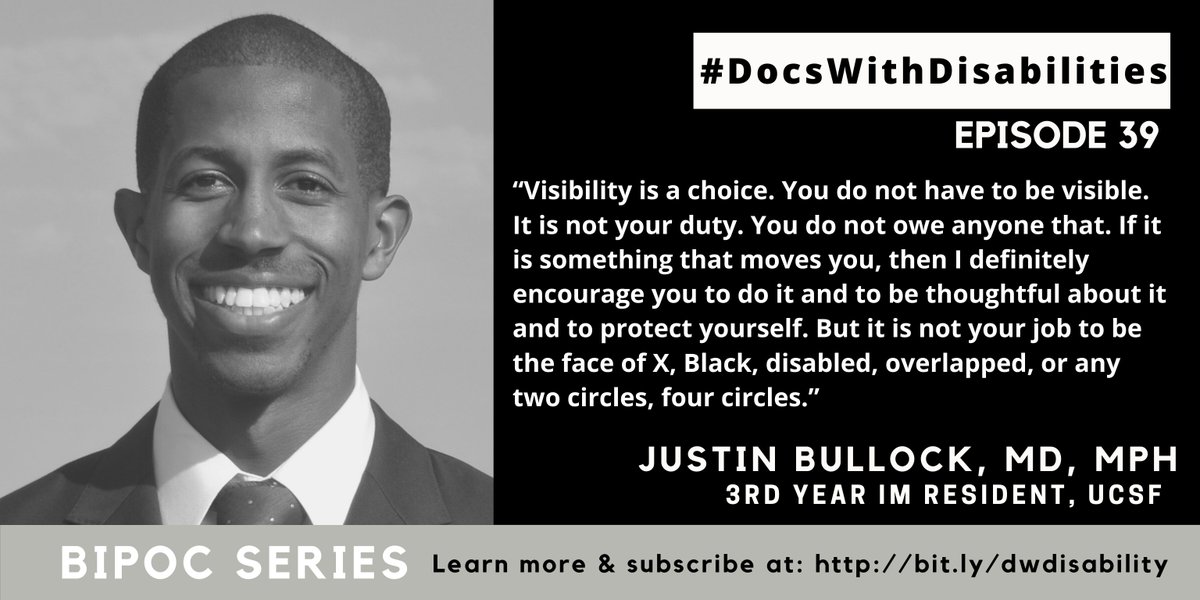In the 3rd episode of our #BIPOC series @jbullockruns talks about the decision to be visible as a #DocsWithDisabilities Doc. Reminding us that visibility is a choice, not a responsibility.

👉bit.ly/DocsWithPodcast  #RepresentationMatters #DocsWithDisabilities #MedEd #MedTwitter