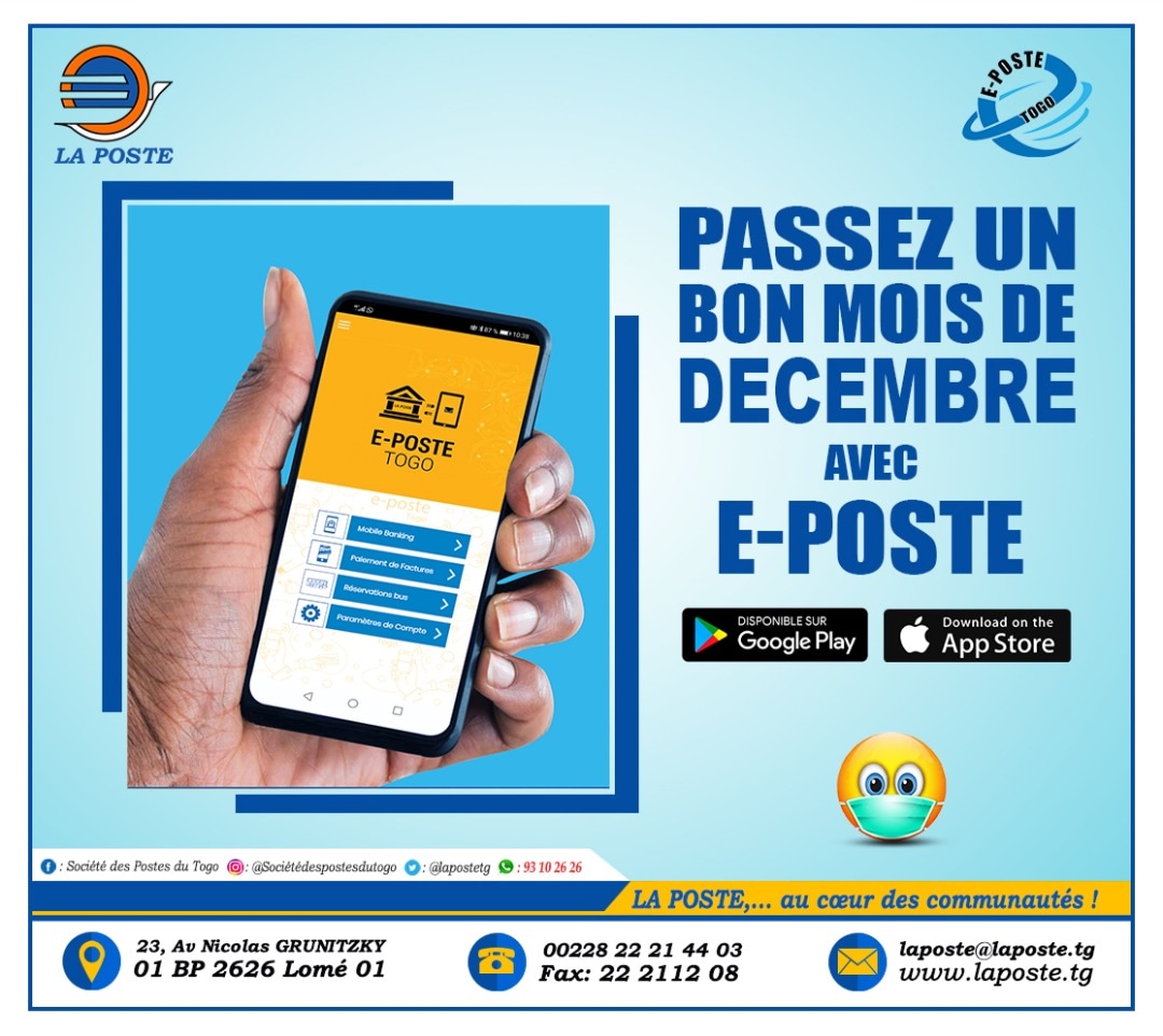 LaPosteTG's tweet photo. Nouveau mois, vivons une nouvelle aventure avec notre Application E-poste !!!! 🥰

Bon mois de Décembre à tous 😍

La Poste,... au cœur des communautés!

#laposte #Togo #moisdedecembre❄ #Eposte #assiyeyeme #Operations #financières #postales #bureauxdeposte #pointsdecontact https://t.co/QDsBuHq6gx
