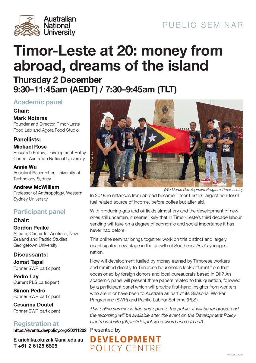 devpolicy's tweet image. Don't forget to join us TODAY at 9:30am for our #LabourMobility seminar!
A research panel will explore how development fuelled by remittances will look like in #TimorLeste 🇹🇱, followed by a panel of current and past Timorese migrant workers.

Register👉events.devpolicy.org/20211202-media