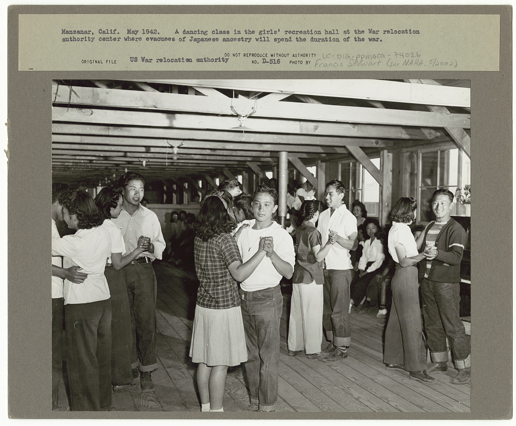 Manzanar, Calif. May 1942. A dancing class in the girls' recreation hall at the War Relocation Authority center where evacuees of Japanese ancestry will spend the duration of the war (LOC) Stewart, Francis,, 1909-1992,, photographer.