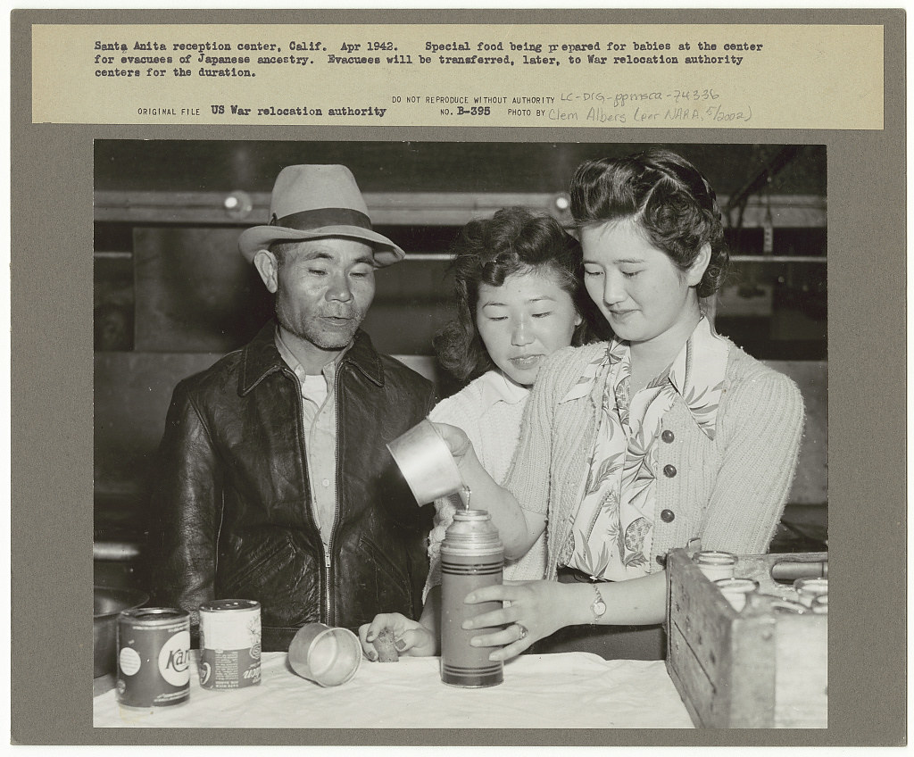 Santa Anita reception center, Arcadia, Calif. Apr. 1942. Special food being prepared for babies at the center for evacuees of Japanese ancestry. Evacuees will be transferred, later, to War Relocation Authority centers for the duration (LOC) Albers, Clem,, photographer.