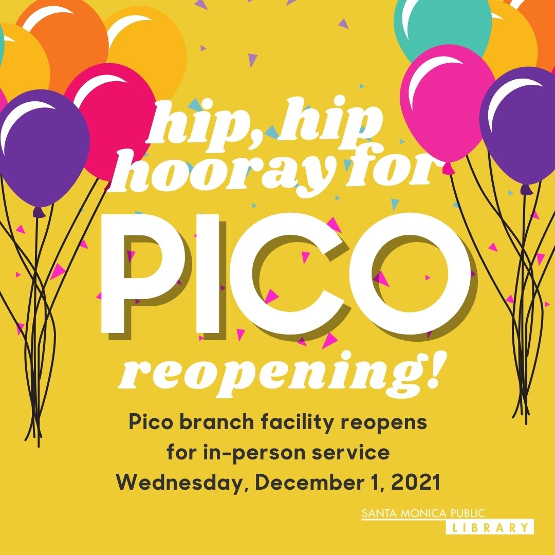 santamonicacity's tweet photo. The Pico Branch Library opens for in-person service *today*!
Come inside the library to pick up your holds, use the study rooms and computers, and browse our collections. More info is at https://t.co/2g7B6uQVsu
#LibraryReopening https://t.co/fVRsO3BN0E