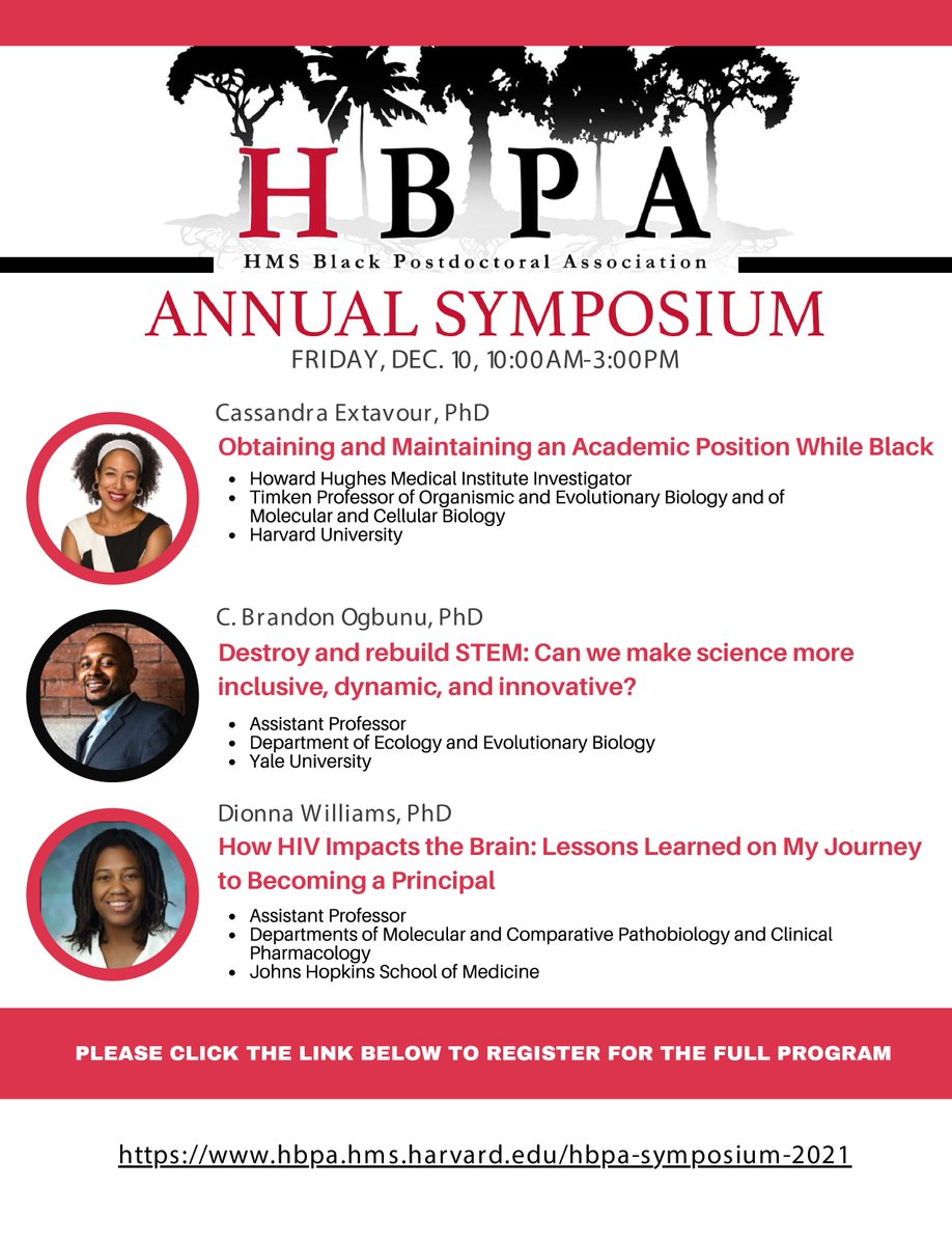 🚨🚨🚨🚨
Excited for the 1st Annual #HBPASymposium21 (Friday, Dec. 10) hosted by the <a href="/HMSBPA/">HMS Black Postdoctoral Association</a> ! 

EVERYONE is invited to this VIRTUAL symposium, so share with your friends and family👋🏾

To register and see the full program, click here👇🏾 
hbpa.hms.harvard.edu/hbpa-symposium…

Thx 4 retweeting✊🏾
