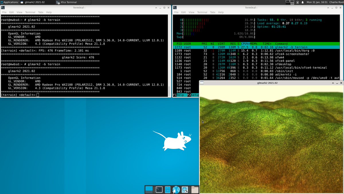 After some experimenting and (with one mesa trick from <a href="/linux4kix/">Jon Nettleton (@linux4kix@mastodon.online)</a>) the xfce4 desktop runs on the unmodified latest <a href="/freebsd/">FreeBSD Project</a> 14-CURRENT snapshot. So arm64 (CN913x CEx7 Eval Board) with ACPI + AMD GPU + bunch of standard packages proved to work just fine altogether.