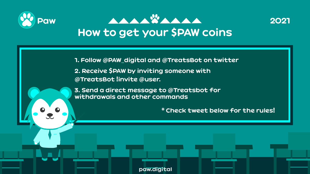 PAW_digital's tweet photo. Invite your friends on Twitter and you both earn PAW! 💸 Join the PAWniverse, it is easy and free!

Note: to invite someone you need to have a PAW Reward key. You will receive this key once you are invited by someone who has one.

💙🐾💚

$PAW #PAW #DigitalCurrency https://t.co/0Qa9wivg6y